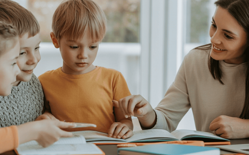 Smiling parent guiding three young children as they study together at a bright kitchen table with open books, pencils, and a laptop—welcoming, modern homeschool environment.